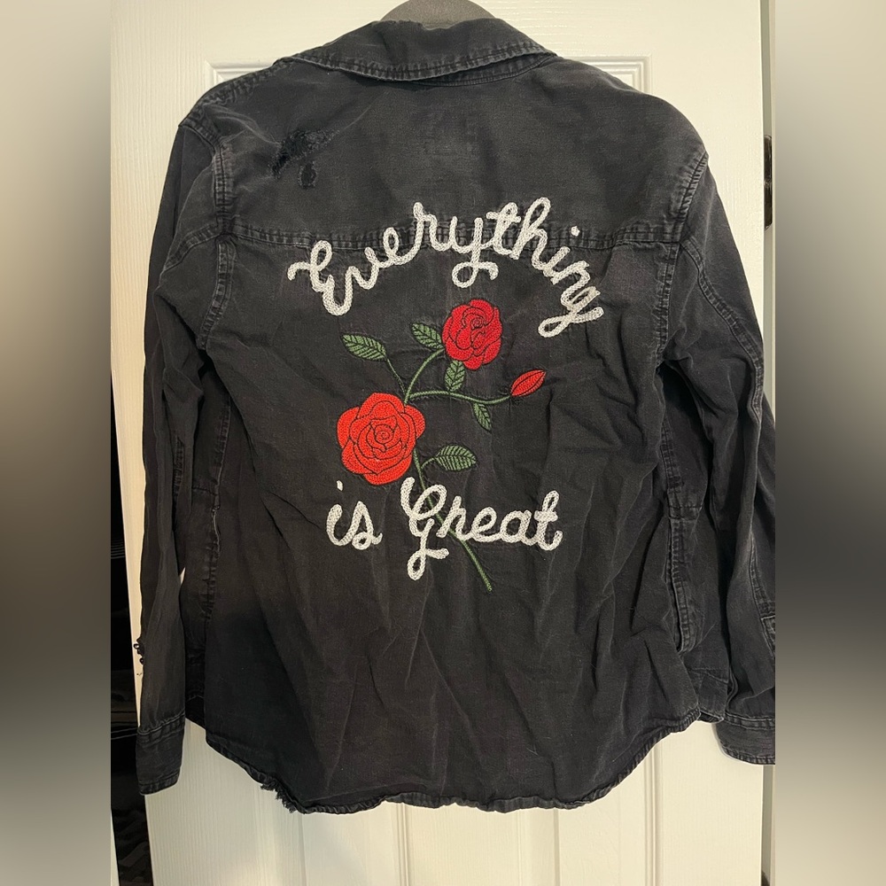 Distressed American Eagle Outfitters Black and Red Jean Jacket